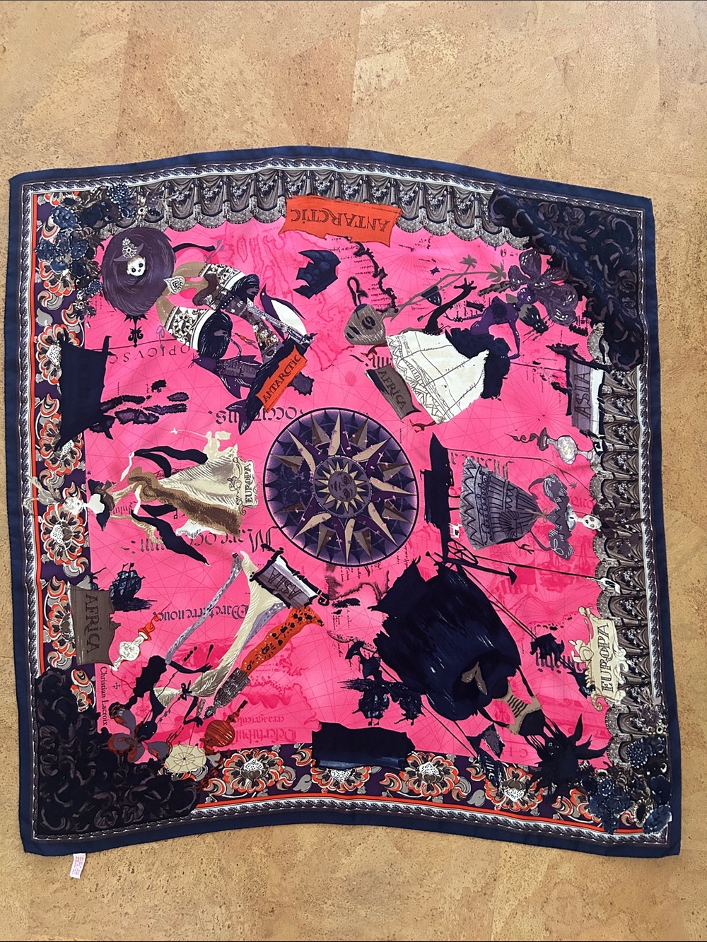 Christian Lacroix Hot Pink and Navy Illustrated Silk-Feel Scarf